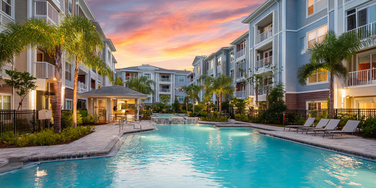 Luxury apartment complex with pool at sunset